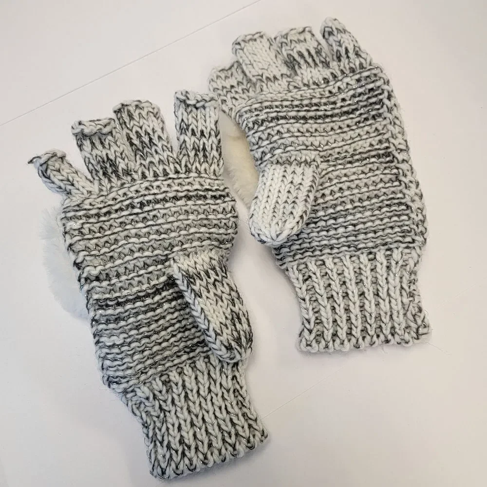Totes Womens Finger Fingerless Mitten Gloves Adjustable Gray White One Size O/S